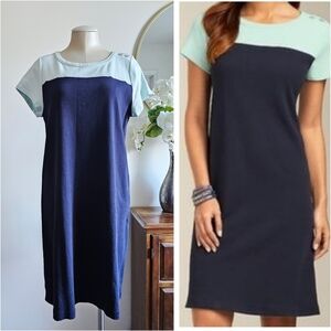 Talbots Womens A-Line Midi Dress Colorblock Navy Blue 100% Cotton Size Large